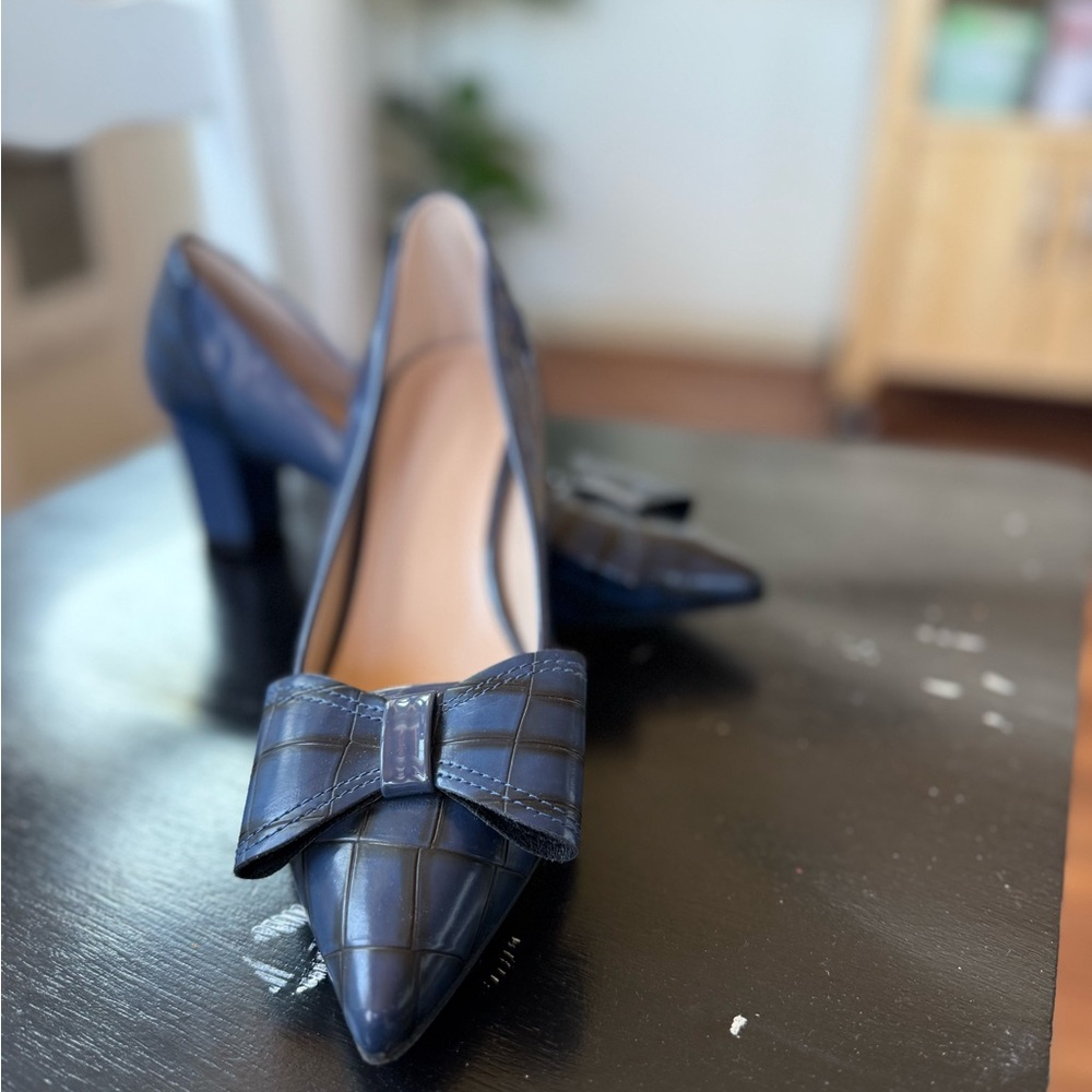 Women’s Navy Croc-Embossed Pointed Toe Pumps with Bow